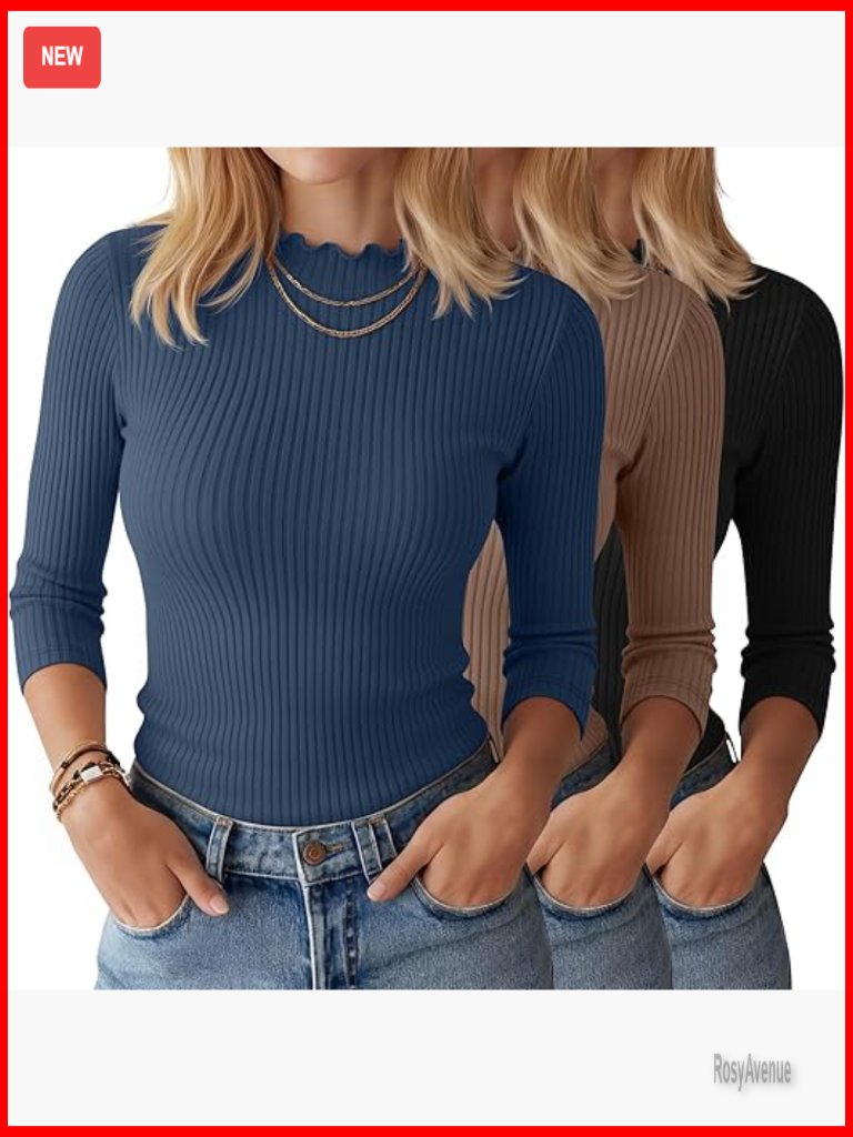3-Pack Women's 3/4 Sleeve Mock Neck Tops Lettuce Trim Ribbed Slim Fit Tees